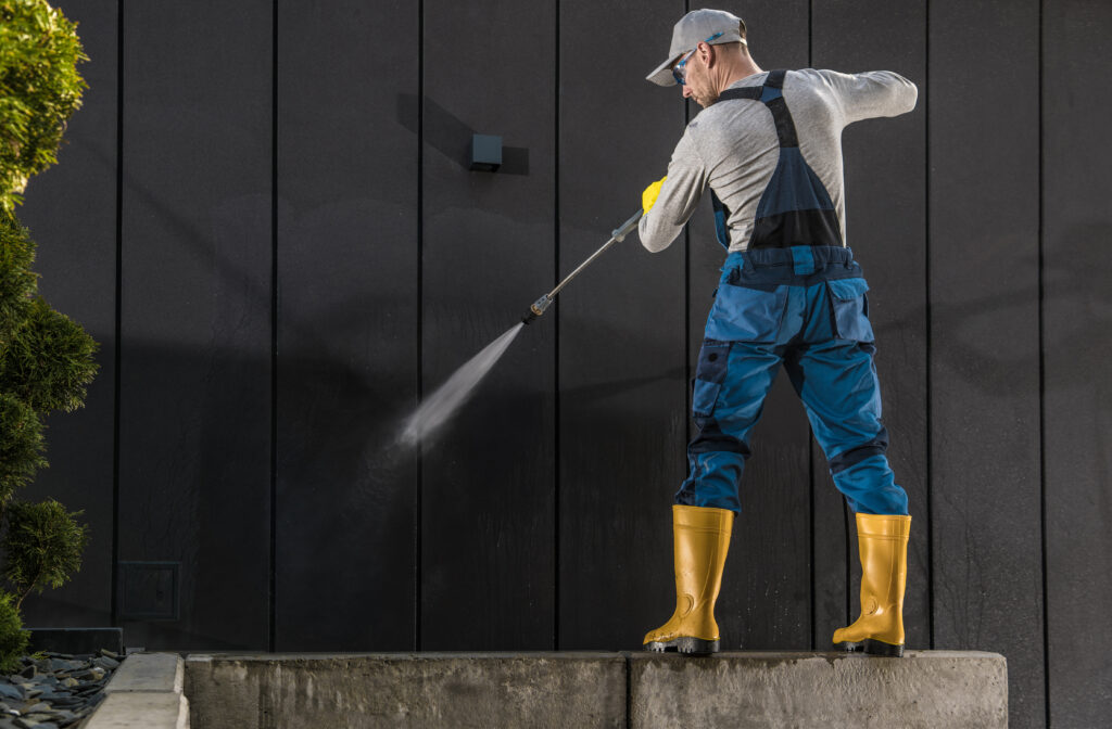 Caucasian Worker in His 40s Cleaning Modern Building Dark Wall Using Powerful Pressure Washer